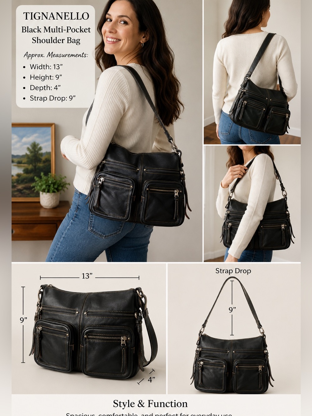 Tignanello Black Shoulder Bag- Multi-Pocket Shoulder Bag